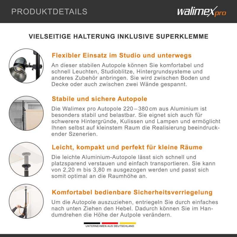 Walimex pro Autopole teleskooppitanko 220-380 cm, alumiini, musta, max. 15 kg, superkiinnike ja adapteri