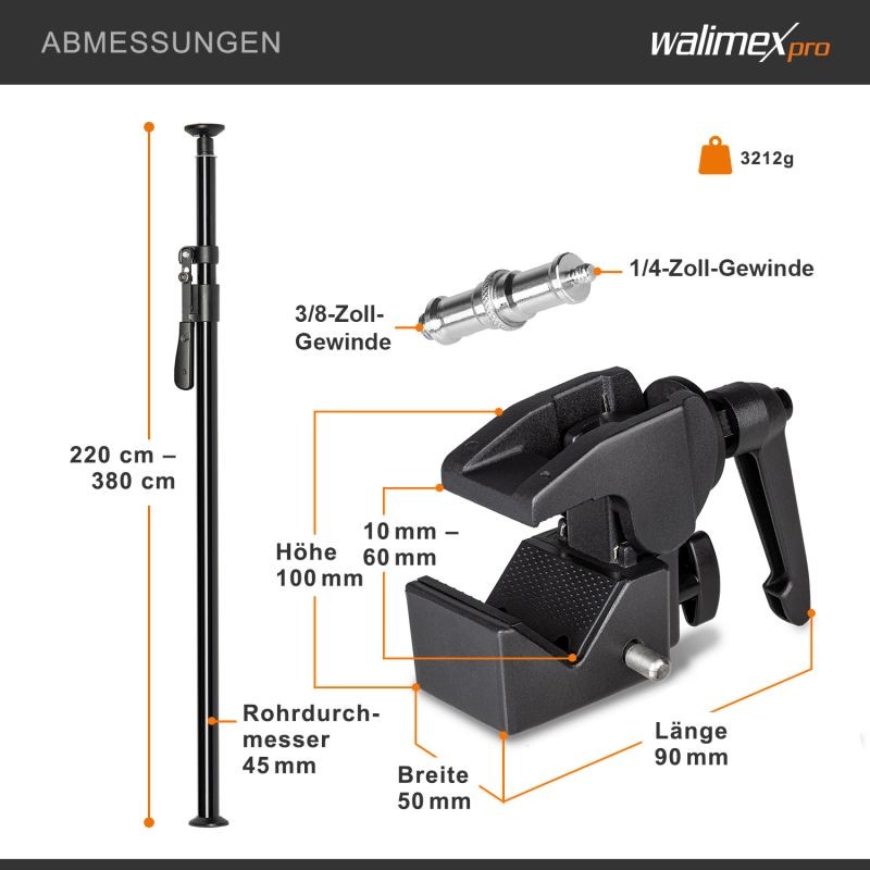Walimex pro Autopole teleskooppitanko 220-380 cm, alumiini, musta, max. 15 kg, superkiinnike ja adapteri