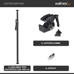 Walimex pro Autopole teleskooppitanko 220-380 cm, alumiini, musta, max. 15 kg, superkiinnike ja adapteri