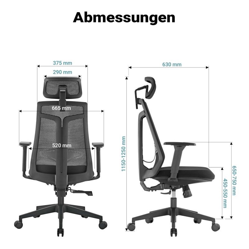 Ergonominen toimistotuoli, korkeus- ja syvyyssäätö, niskatuki, käsinojat, selkätuki, musta, max. 150 kg