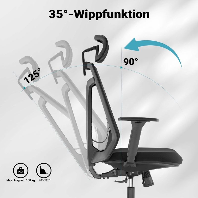 Ergonominen toimistotuoli, korkeus- ja syvyyssäätö, niskatuki, käsinojat, selkätuki, musta, max. 150 kg