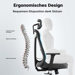 Ergonominen toimistotuoli, korkeus- ja syvyyssäätö, niskatuki, käsinojat, selkätuki, musta, max. 150 kg