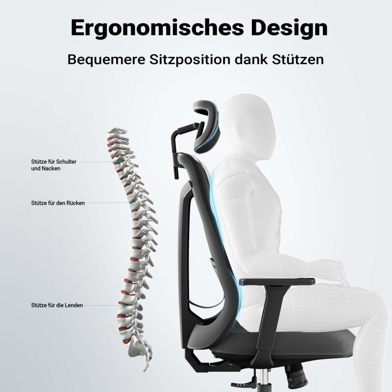 Ergonominen toimistotuoli, korkeus- ja syvyyssäätö, niskatuki, käsinojat, selkätuki, musta, max. 150 kg