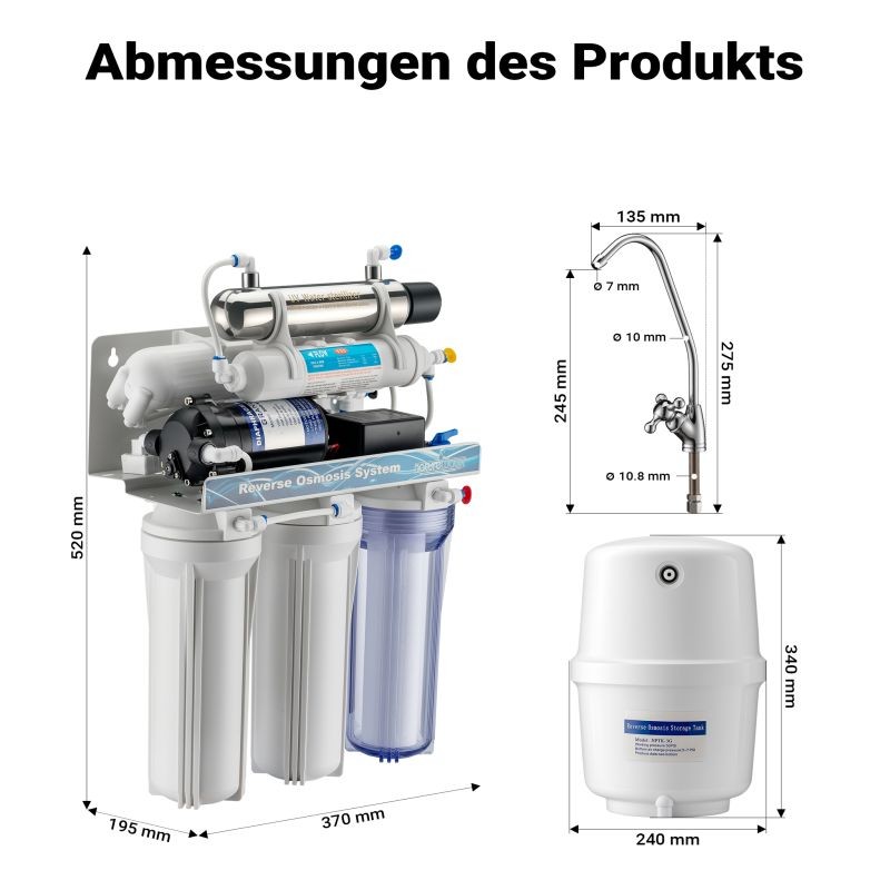 Naturewater 6-vaiheinen käänösmoosijärjestelmä 180 l/vrk, UV-puhdistin ja paineenkohotuspumppu