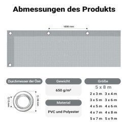 Säänkestävä suojapeite 5 x 8 m, harmaa, PVC-pinnoitettu polyesteri, 650 g/m², vedenpitävä, UV-suojaus