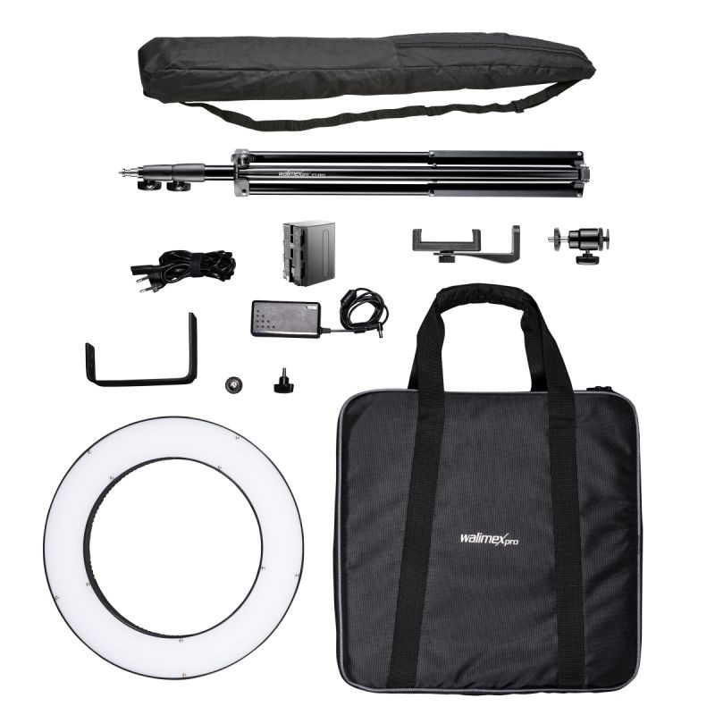 Walimex pro LED-rengasvalosetti 380 Bi-Color 23 W, 38 cm, jalusta ja akku