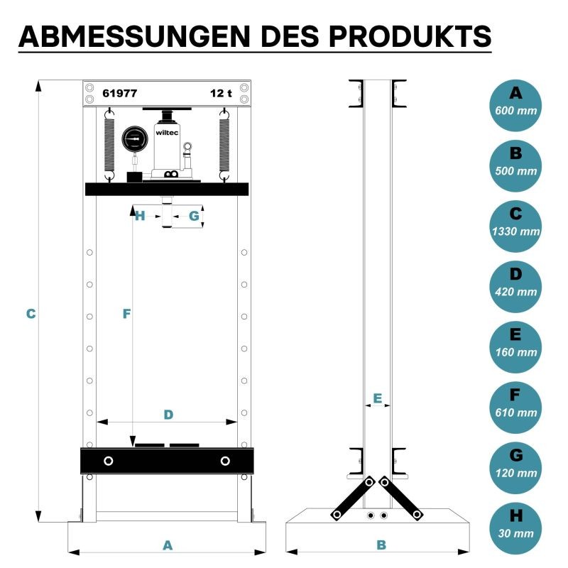 Hydraulinen prässi 12 t, 420 mm, teräs, painemittari, punainen
