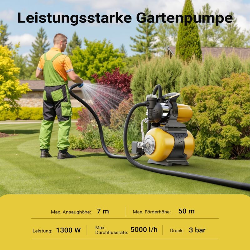 Kotitalousvesipumppu 24 l painesäiliöllä, 5000 l/h, 50 m nousukorkeus, 7 m imusyvyys, painekytkin, esisuodatin