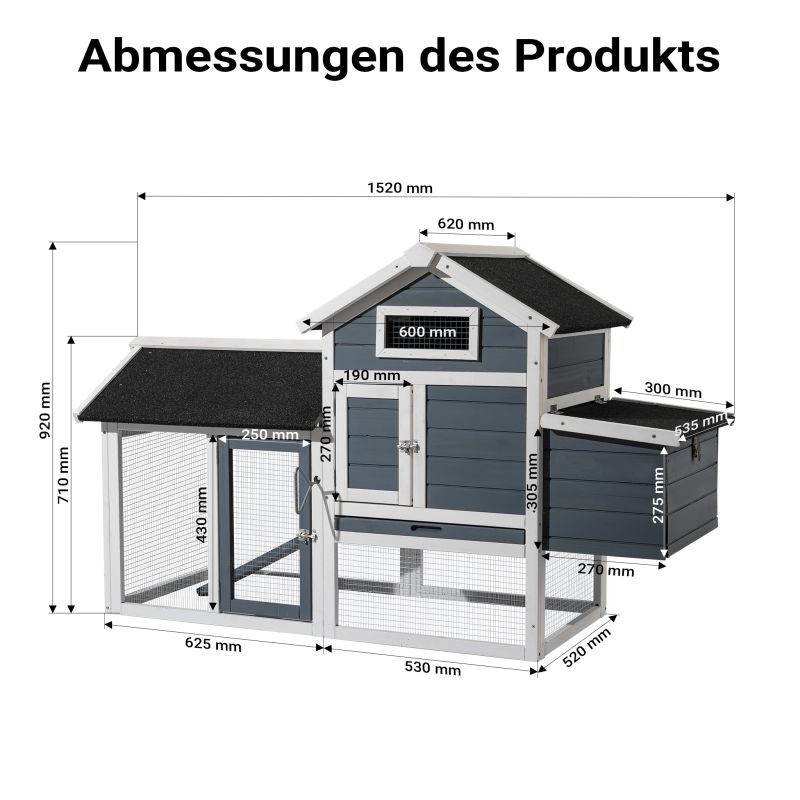 Kanala 1520 x 520 x 920 mm, harmaa-valkoinen, kuusi, ulkoilualue, pesälaatikko, sinkitty lantaljastinlaatikko