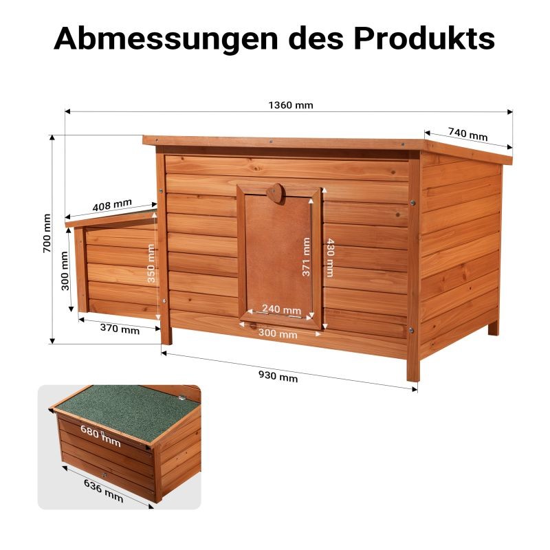 Puinen kanala 1360 x 740 x 700 mm, punaruskea, pesälaatikolla ja sinkityllä lantalavalla