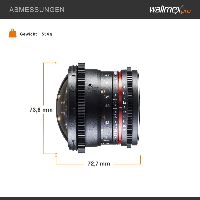Walimex Pro 12 mm f/3,1 kalansilmäobjektiivi Canon EF, musta, manuaalinen tarkennus