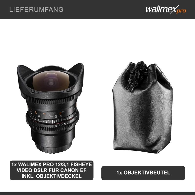 Walimex Pro 12 mm f/3,1 kalansilmäobjektiivi Canon EF, musta, manuaalinen tarkennus