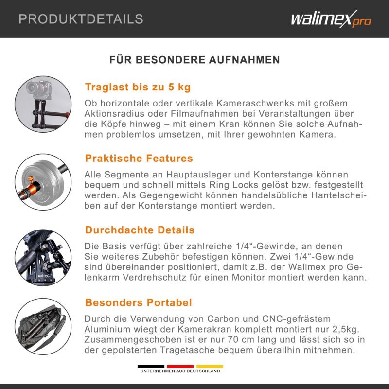 Walimex pro Carbon Camera Jib Traveller 7.2 kameranosturi, 70-200 cm, hiilikuitu, musta
