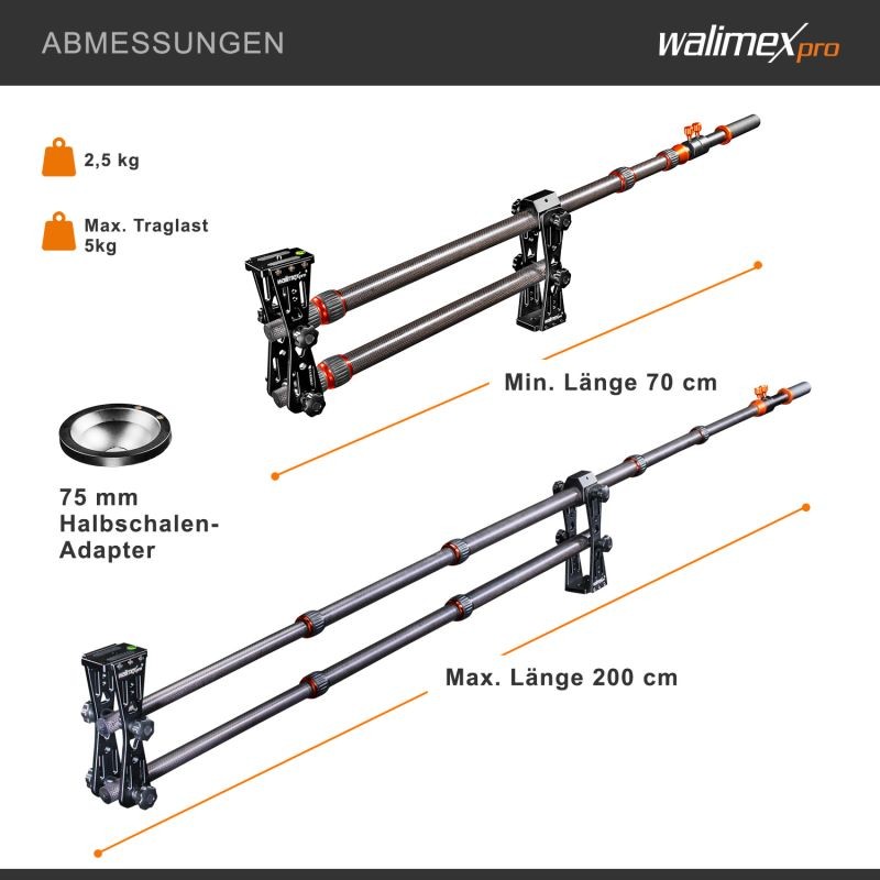 Walimex pro Carbon Camera Jib Traveller 7.2 kameranosturi, 70-200 cm, hiilikuitu, musta