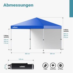 Kokoontaitettava puutarhapaviljonki 3 x 3 m, sininen, One Push -teknologia, pyörät, UV-suoja 50+