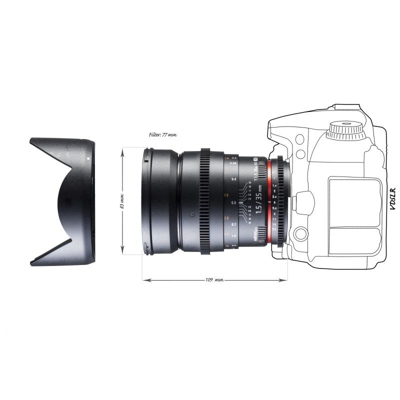 Walimex pro 35 mm 1:1,5 VDSLR valokuvaus- ja videokuvausobjektiivi Nikon F, 77 mm, musta