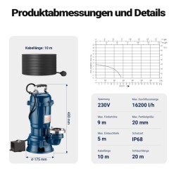 Likaisen veden uppopumppu 550 W, 16 200 l/h, valurauta, 20 m letku
