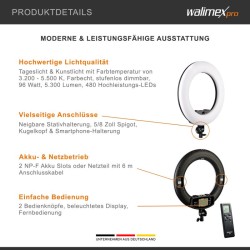 Walimex pro Medow 960 Pro LED-rengasvalosetti 45 cm, Bi-Color 3200-5500 K, 96 W, jalustalla ja kaukosäätimellä