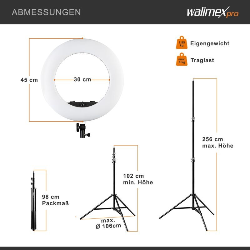 Walimex pro Medow 960 Pro LED-rengasvalosetti 45 cm, Bi-Color 3200-5500 K, 96 W, jalustalla ja kaukosäätimellä