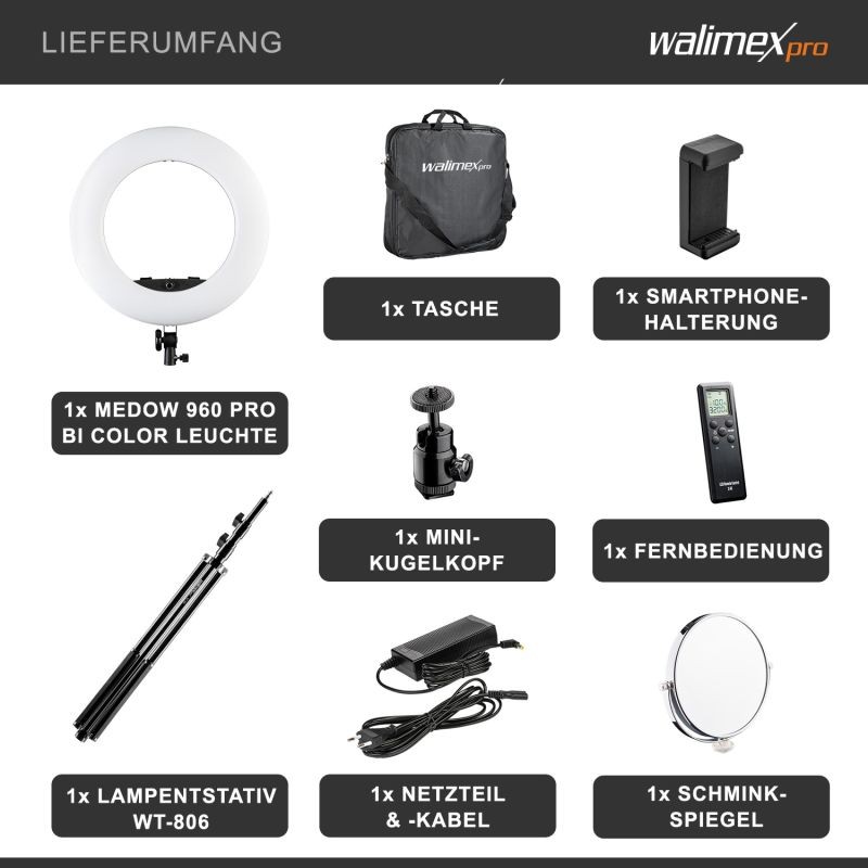 Walimex pro Medow 960 Pro LED-rengasvalosetti 45 cm, Bi-Color 3200-5500 K, 96 W, jalustalla ja kaukosäätimellä