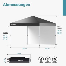 Taitettava paviljonki 3 x 3 m, harmaa, pyörillä, One Push -mekanismi, UV-suoja 50+