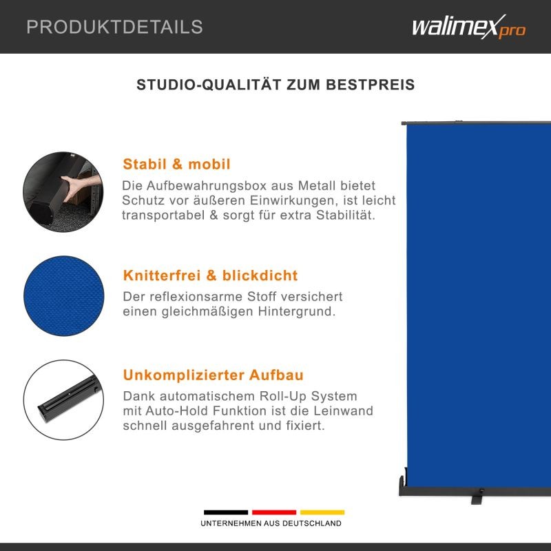 Walimex pro rullattava taustaseinä sininen 210 x 220 cm, kuljetuslaatikolla