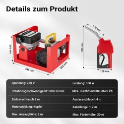 Diesel- ja lämmitysöljypumppu 230 V 550 W 20-60 l/min, automaattinen täyttöpistooli ja mittari