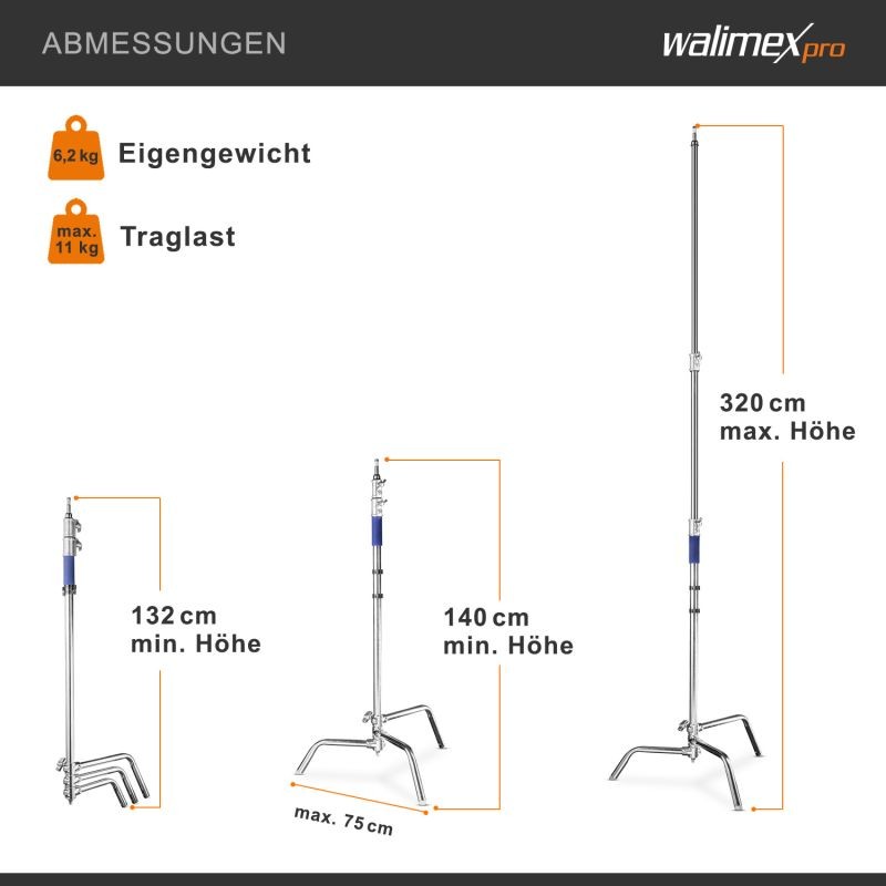 Walimex pro C-jalusta Century Stand, hopea, 140–320 cm, kantavuus 11 kg, 16 mm spigot