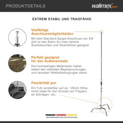 Walimex pro C-jalusta Century Stand, hopea, 140–320 cm, kantavuus 11 kg, 16 mm spigot