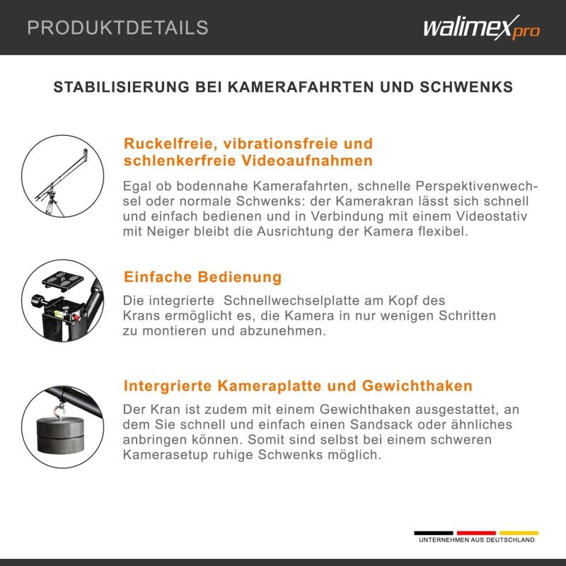 Walimex pro Director Pro kameranosturi, 770 x 90 x 250 mm, max. kantavuus 3 kg, musta