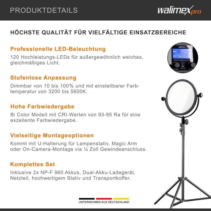 Walimex pro Soft LED 300 Round Bi Color -valosetti, 30 W, 3200-5600 K, 2 kpl NP-F 960 akkua, jalusta ja laukku