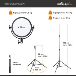 Walimex pro Soft LED 300 Round Bi Color -valosetti, 30 W, 3200-5600 K, 2 kpl NP-F 960 akkua, jalusta ja laukku