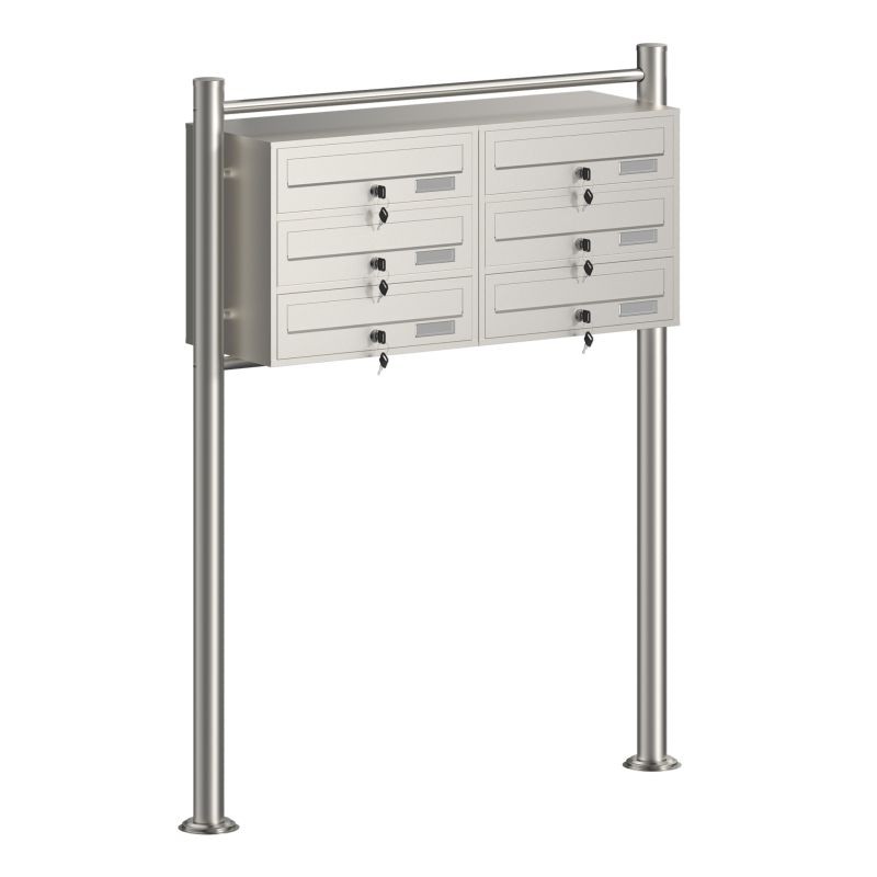 Postilaatikkojärjestelmä 6 lokeroa, ruostumaton teräs, 945 x 270 x 1200 mm, jalustalla