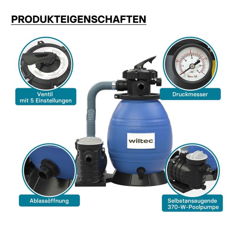 Hiekkasuodatinjärjestelmä uima-altaalle 370 W, 26 l suodatinsäiliö ja itseimevä pumppu 13 200 l/h