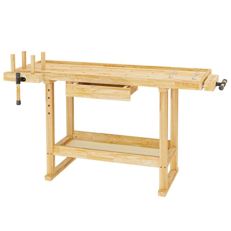 Työpenkki kumipuusta 151 x 61,5 x 86 cm, ruskea, kantavuus 150 kg, vetolaatikolla ja puristimilla