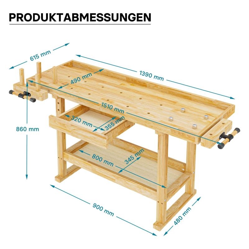Työpenkki kumipuusta 151 x 61,5 x 86 cm, ruskea, kantavuus 150 kg, vetolaatikolla ja puristimilla