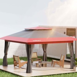 Taitettava paviljonki hyönteisverkolla 3,92 x 3,92 m, harmaa-punainen, pyörillä ja One Push -tekniikalla