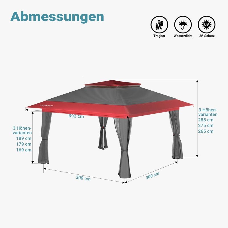 Taitettava paviljonki hyönteisverkolla 3,92 x 3,92 m, harmaa-punainen, pyörillä ja One Push -tekniikalla