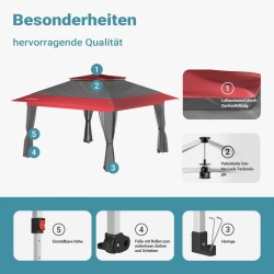 Taitettava paviljonki hyönteisverkolla 3,92 x 3,92 m, harmaa-punainen, pyörillä ja One Push -tekniikalla
