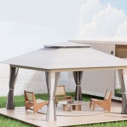 Taitettava paviljonki 4x4 m, vaaleanharmaa, hyönteisverkolla, pyörillä ja "One Push" -järjestelmällä