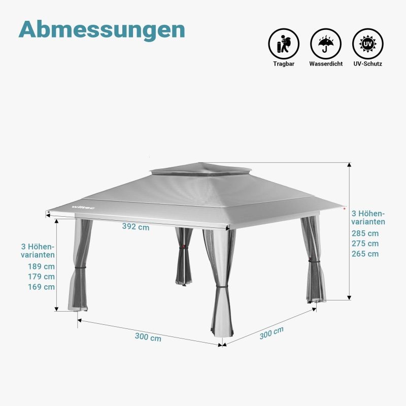 Taitettava paviljonki 4x4 m, vaaleanharmaa, hyönteisverkolla, pyörillä ja "One Push" -järjestelmällä