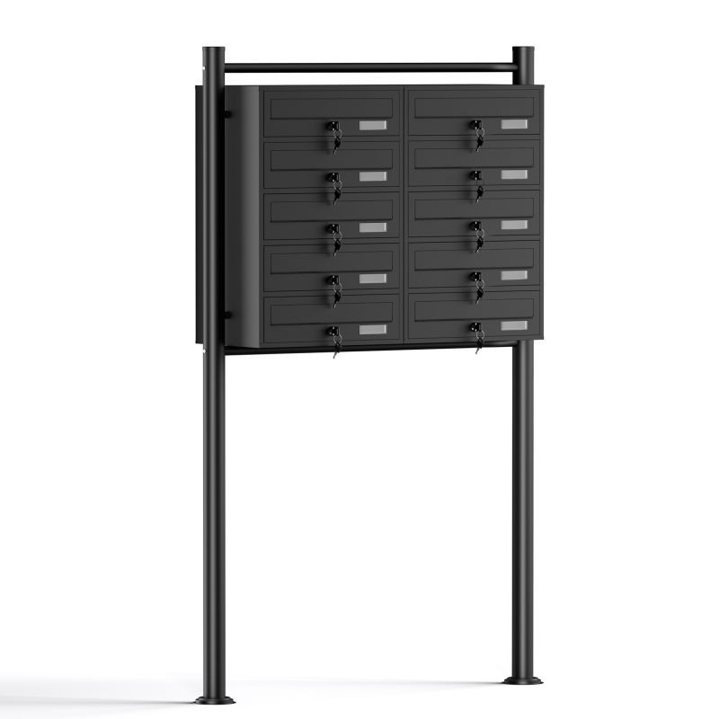 10-lokeroinen postilaatikkojärjestelmä, musta, 945 x 270 x 1500 mm, lukittava