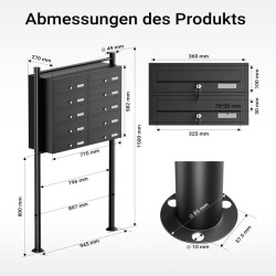 10-lokeroinen postilaatikkojärjestelmä, musta, 945 x 270 x 1500 mm, lukittava