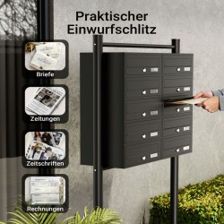 10-lokeroinen postilaatikkojärjestelmä, musta, 945 x 270 x 1500 mm, lukittava