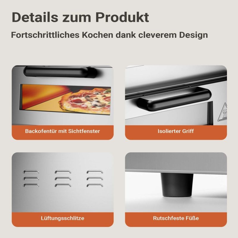 Sähköinen pizzauuni 2000 W kordierittikivellä, ruostumaton teräs