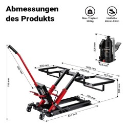 Hydraulinen 3-in-1 nostin moottoripyörille, mönkijöille ja ruohonleikkureille, 300 kg, 53 cm
