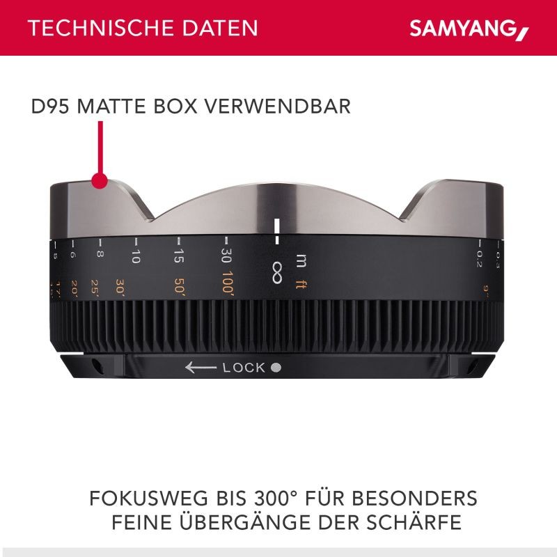Samyang MF-adapteri V-AF-videobjektiiveille, manuaalinen tarkennus 300°, D95-mattebox-yhteensopiva