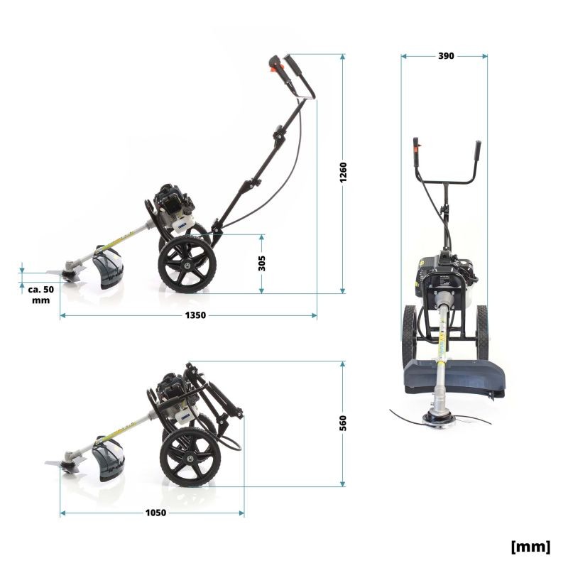 2-in-1 Polttomoottorikäyttöinen raivaaja ja trimmeri 1,9 kW pyörillä, 52 cm³, musta