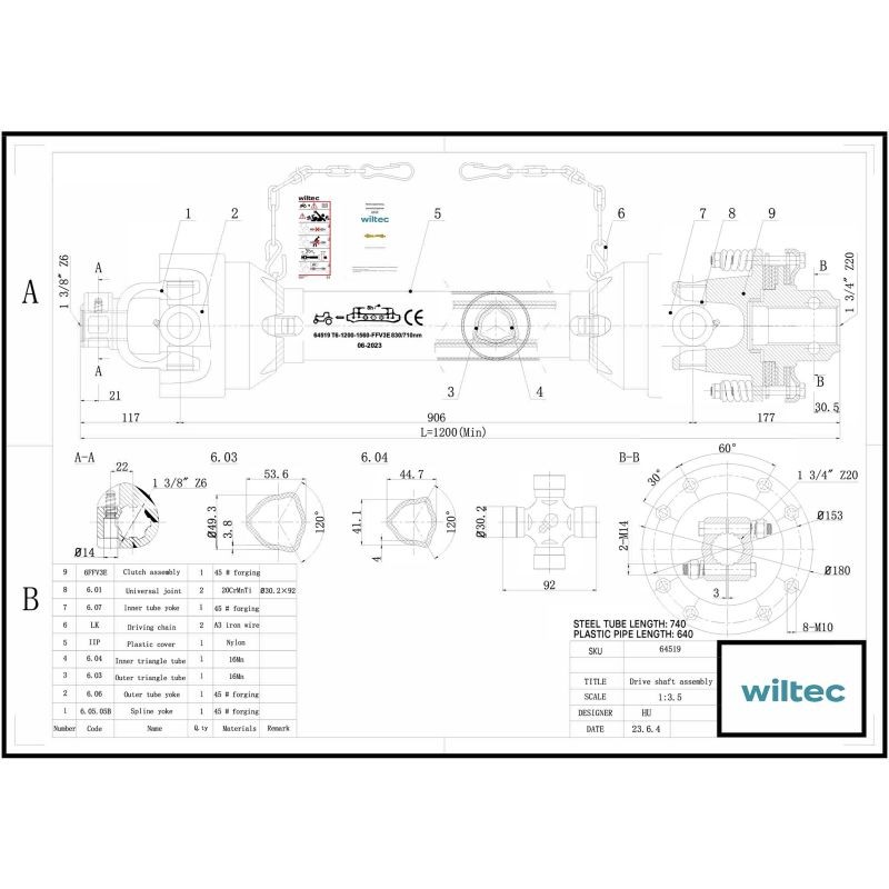 Voimansiirtokardaani T6 1200-1320 mm 830 Nm 540 U/min 74 kW 100 PS Z6 Z20