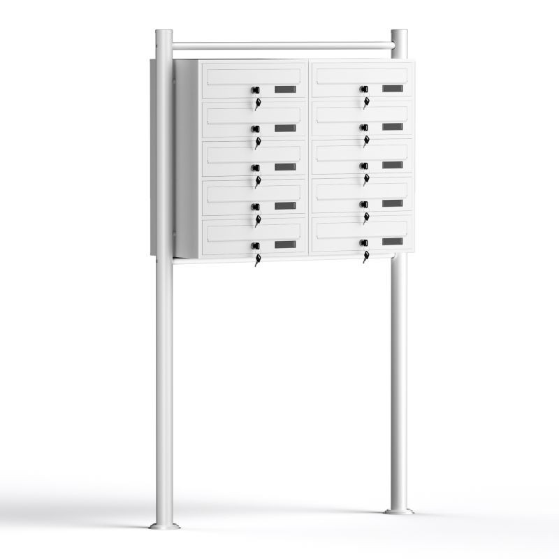 Postilaatikkoteline 10 lokeroa, valkoinen, 945 x 270 x 1500 mm, sinkitty teräs